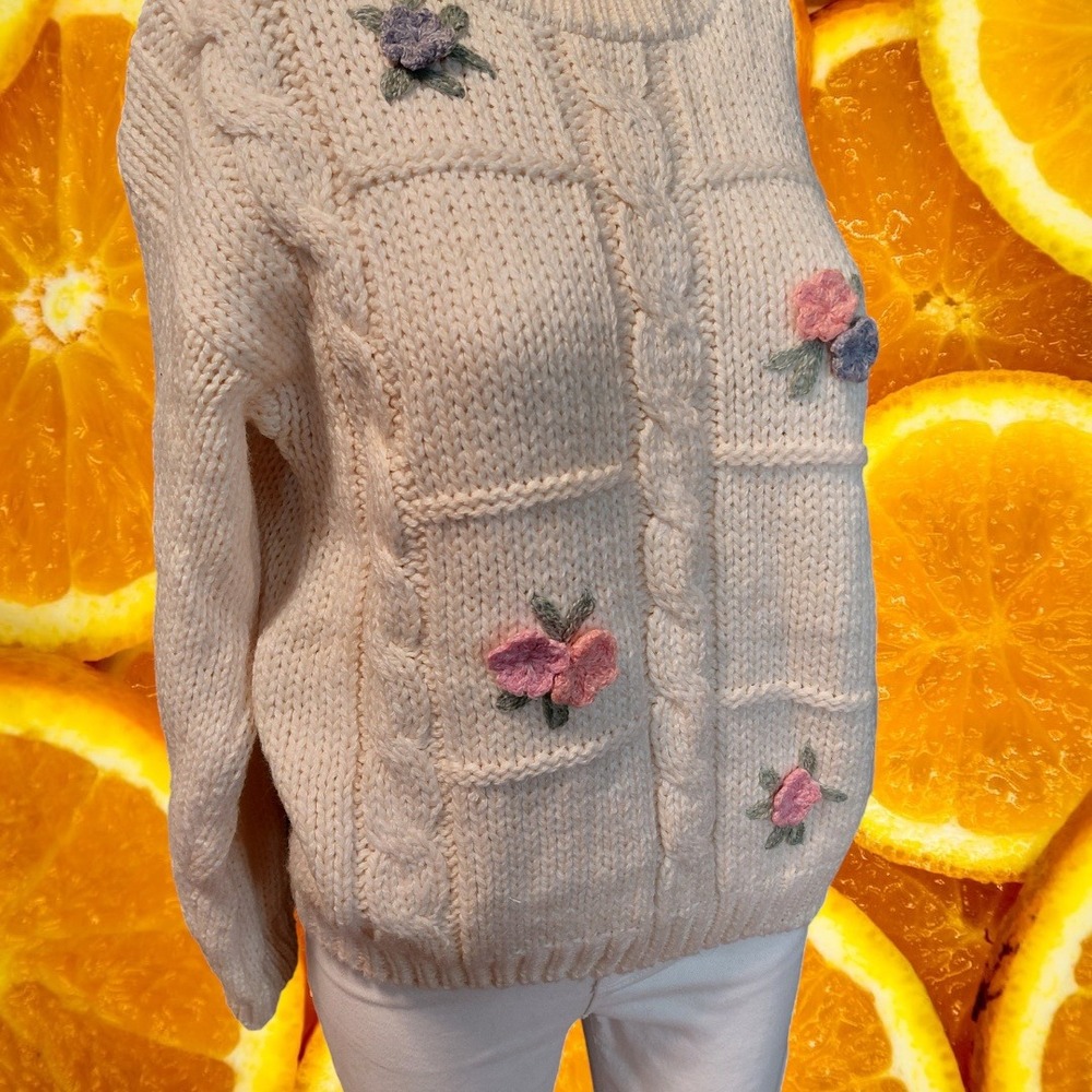 Cream‎ Cable Knit Floral Embroidered Sweater